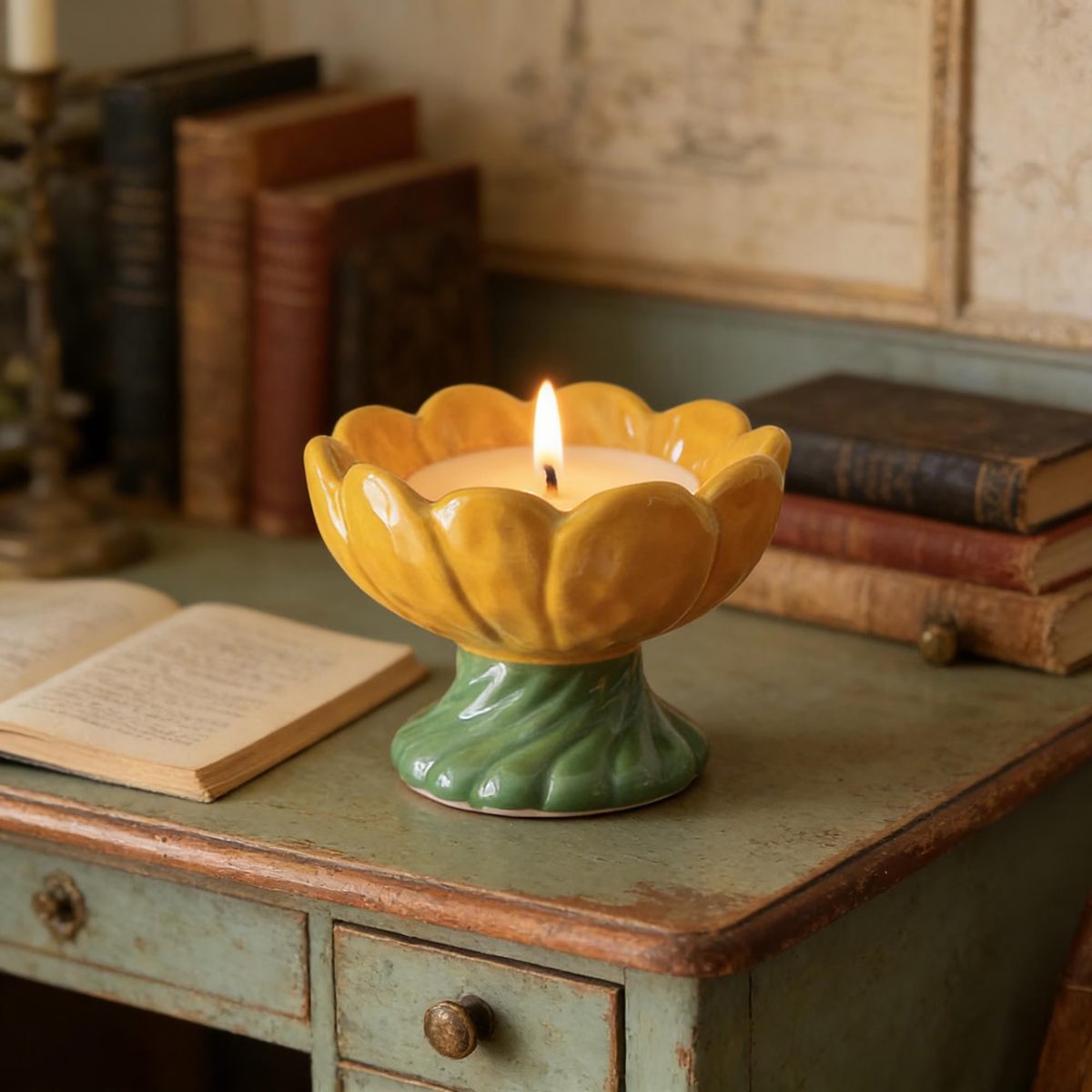 Yellow Flower Ceramic Candle Holder, Vintage Tulip Scented Candle Bowl, Handmade Porcelain Petal Bowl for Jewelry or Wax, Mother's Day Gift
