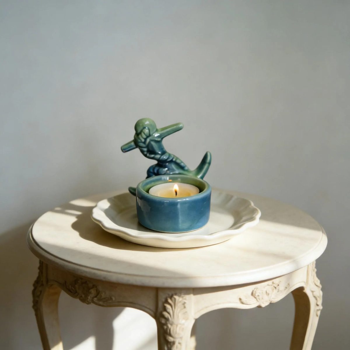 Nautical Anchor Ceramic Candle Holder, Blue-green Glazed Figurine, Ocean Theme Tea Light Burner, Unique Gift , Steampunk Maritime Ornament