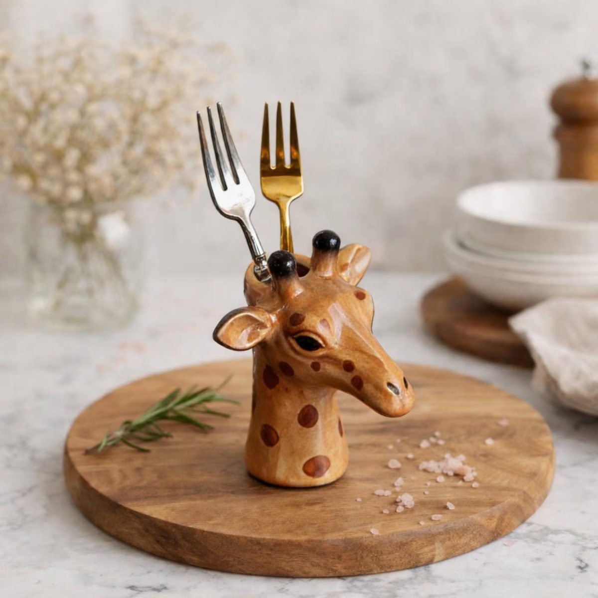 Giraffe Ceramic Utensil Holder, Quirky Kitchen Table Decor, Miniature Vase, Artistic Toothbrush Holder, Whimsical Dining Accessory