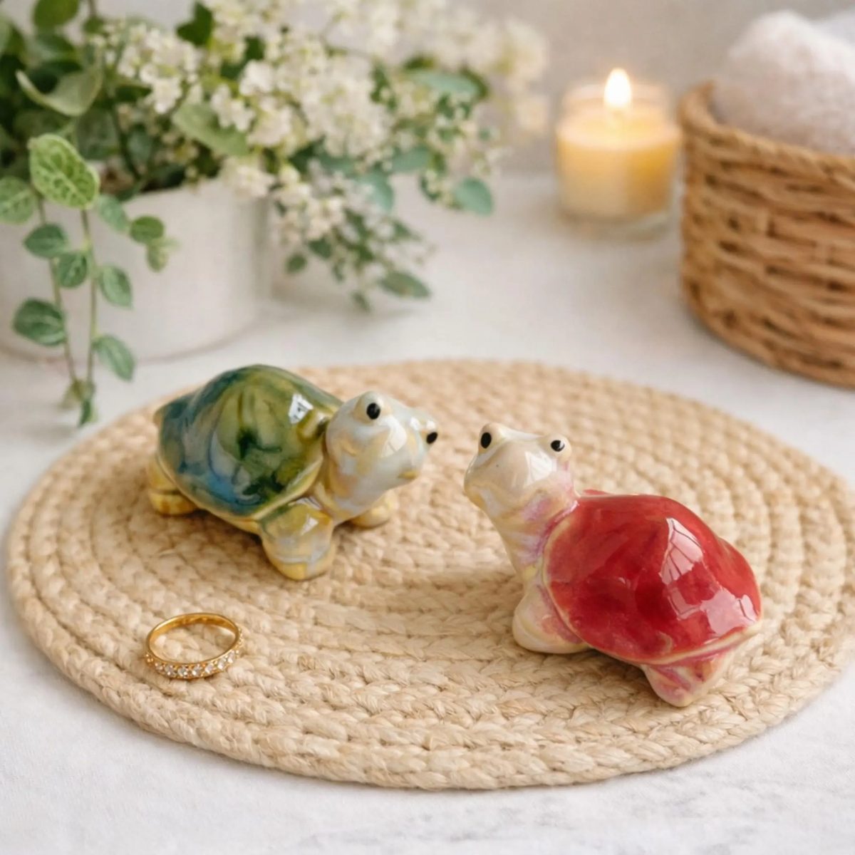 Two Handmade Ceramic Turtle Figurines, Auspicious Animal Charms, Small Ring Holders, Fun Desktop Pets, Easter Garden Decorations