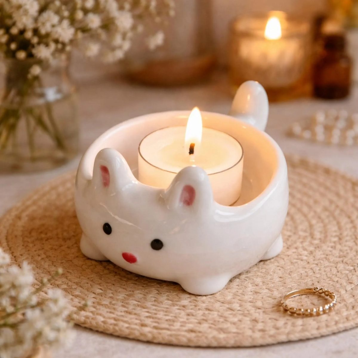 Kawaii Rabbit Candle Holder, Ceramic Bunny Tealight Holder, Cute Animal Jewelry Dish, Easter Table Decor, Desk Pet Figurine, Gift for Her