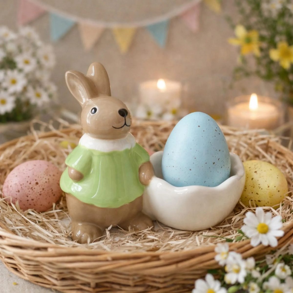 Ceramic Bunny Egg Holder - Easter Rabbit Figurine With Egg Cup - Cute Easter Table Centerpiece - Hand-painted Miniature Animal Ornament