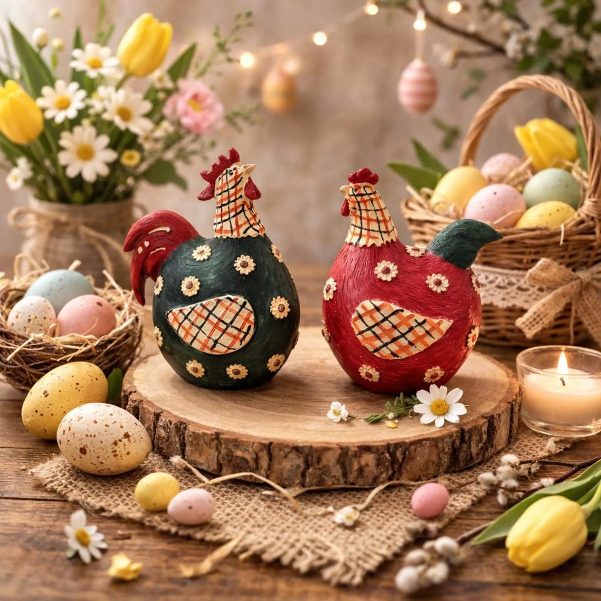 Rooster and Hen Figurine - Farmhouse Spring Decor - Country Kitchen Ornament - Easter Animal Sculptures - Housewarming Gift - Tray Decor