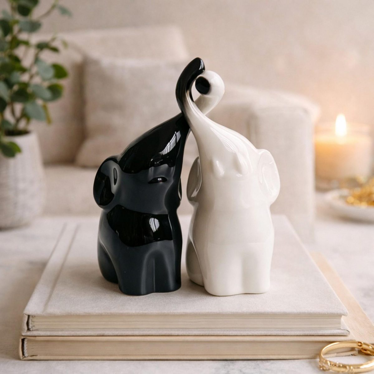 Ceramic Elephant Couple Figurine, Interlocking Trunk Statue for Love & Luck, Modern Minimalist Home Decor, Wedding or Anniversary Gift