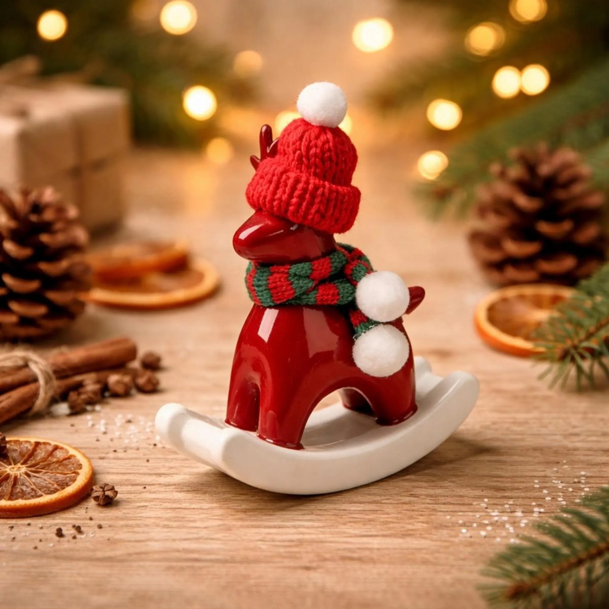 Festive Red Ceramic Rocking Horse Tea Pet, Mini Pony Figurine, With Knitted Hat and Scarf, Desktop Decoration, Children's Day Gift