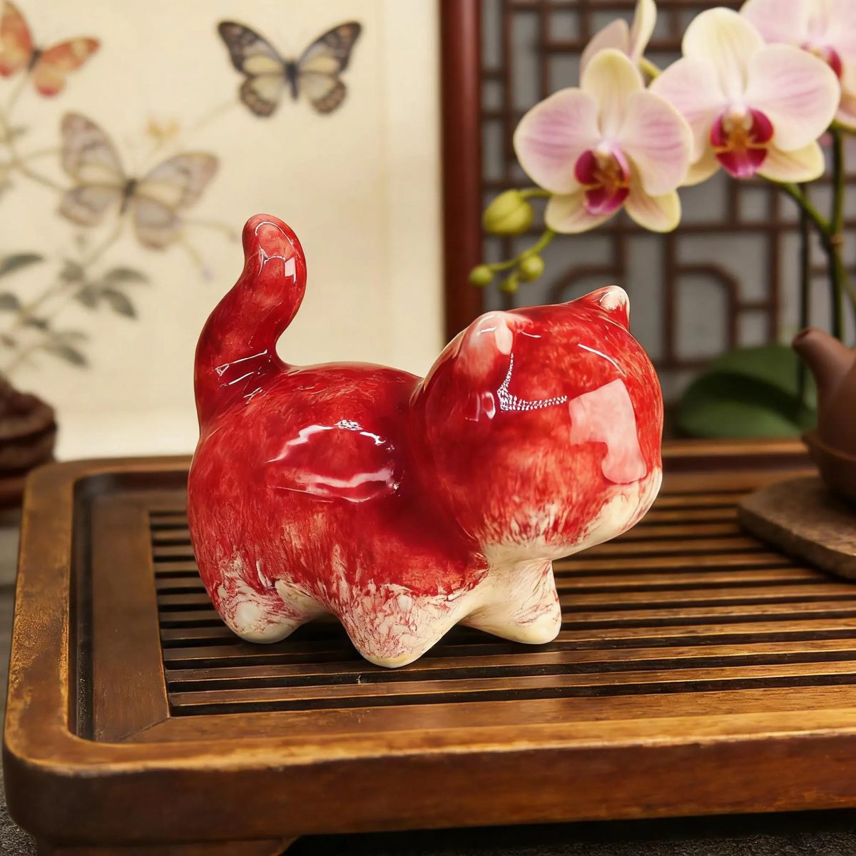 Handmade Red Glazed Ceramic Cat Figurine - Porcelain Kitten Statue - Unique Flambe Glaze Zen Decor - Petite Animal Sculpture for Desk