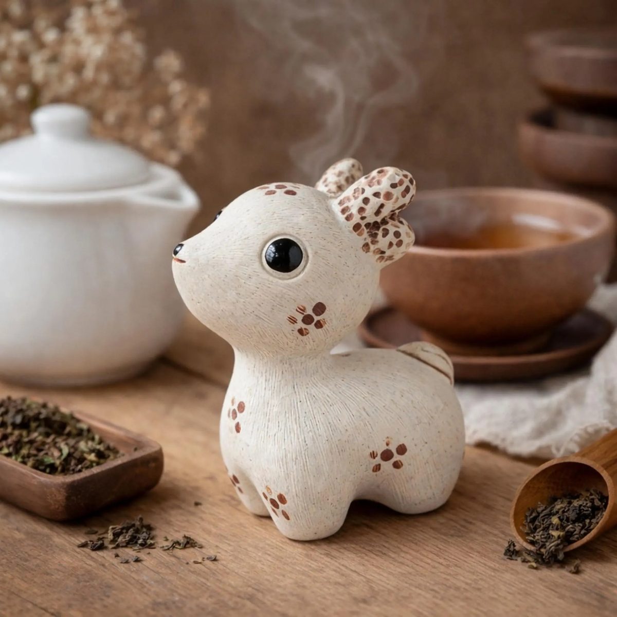 Miniature White Spotted Deer Tea Pet - Zisha Clay Fawn Figurine - Cute Sika Deer Ornament - Zen Home Decor - Small Animal Clay Sculpture