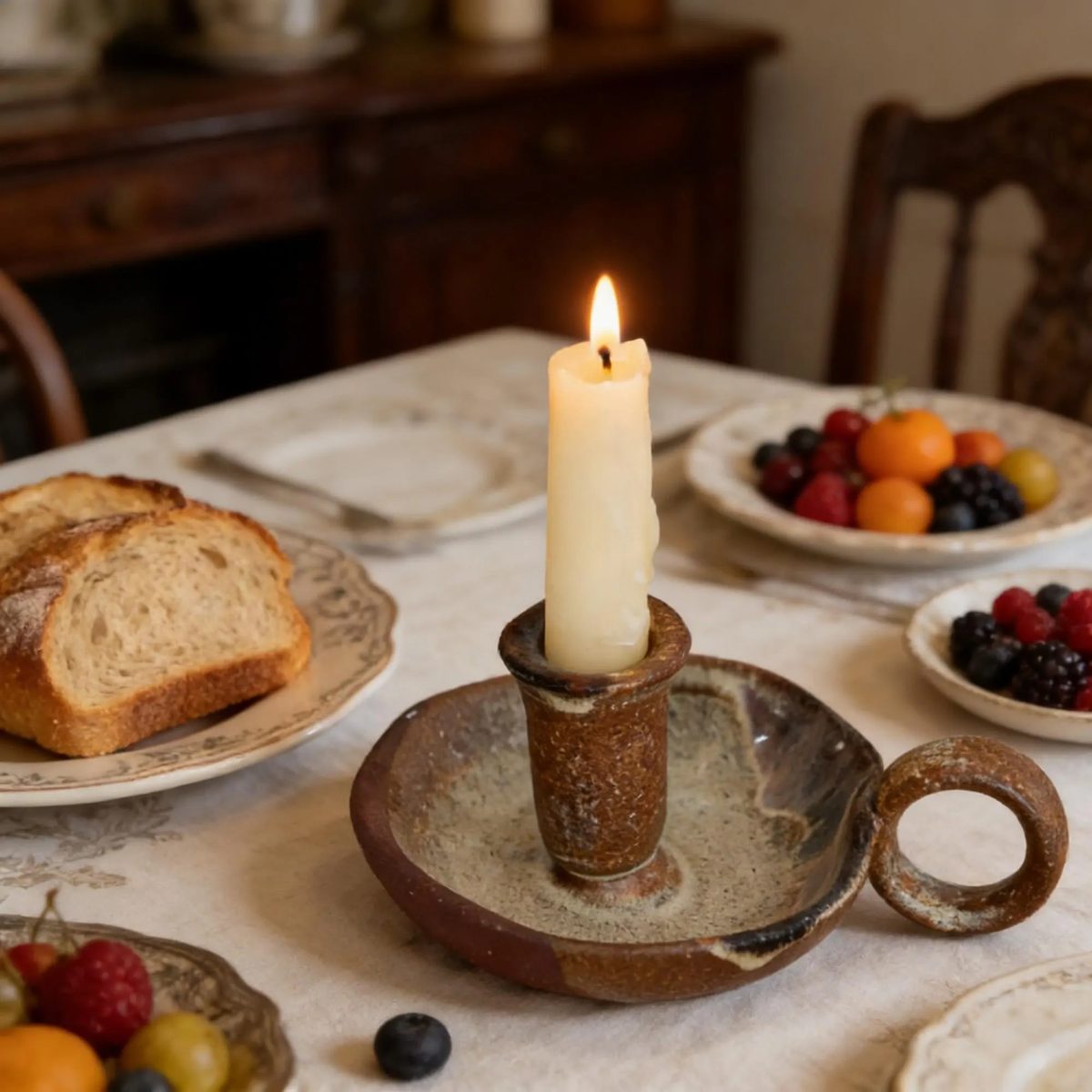 Handmade Ceramic Chamberstick, Stoneware Taper Candle Holder With Ring Handle, Unique Housewarming Gift, Primitive Style Candelabra