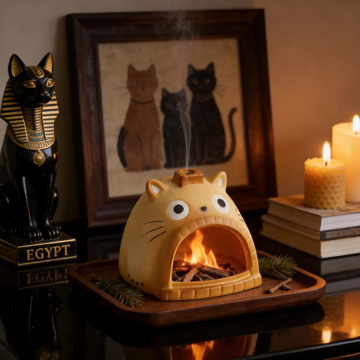 This Handmade Mini Fireplace Incense Burner/censer With a Cartoon Cat Theme is a Unique and Atmospheric Decorative Item. Housewarming Gift