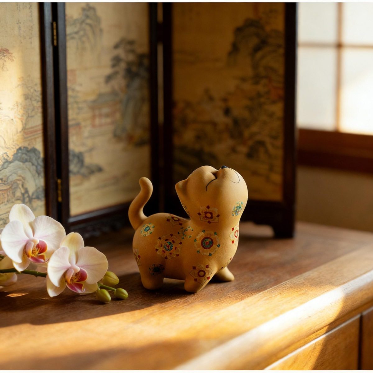 Floral Hand-painted Ceramic Cat Figurine - Zen Home Decor, Oriental Art Cat Sculpture, Cat Lover Gift, Desk Pet Ornament
