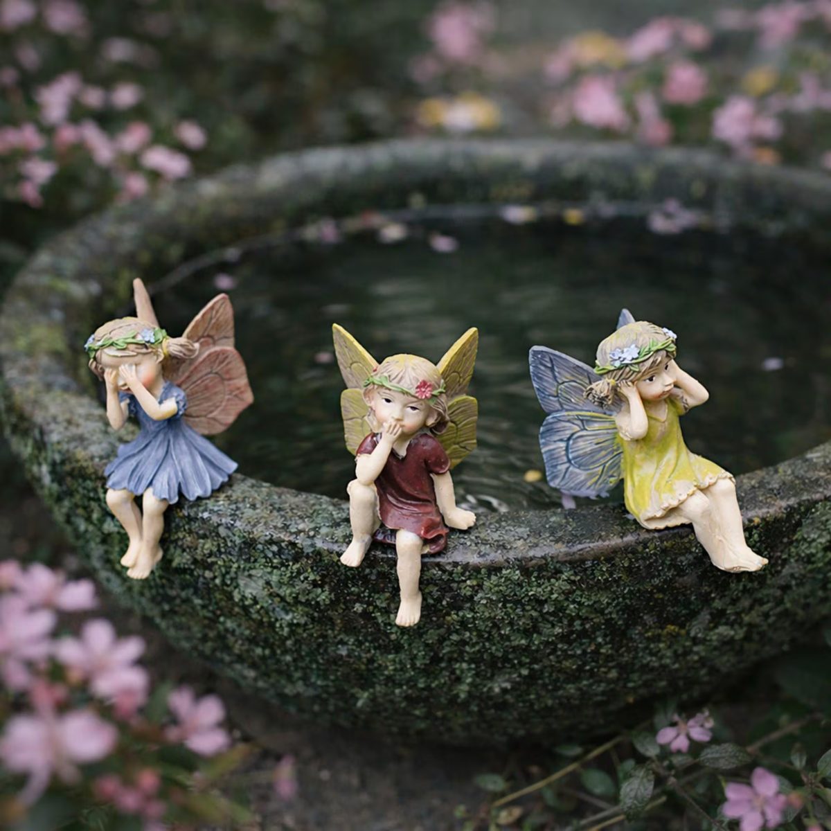 Set of 3 Little Angel Garden Statues, See No Evil Hear No Evil Speak No Evil Fairies, Resin Flower Fairy Ornaments, Outdoor Patio Decor