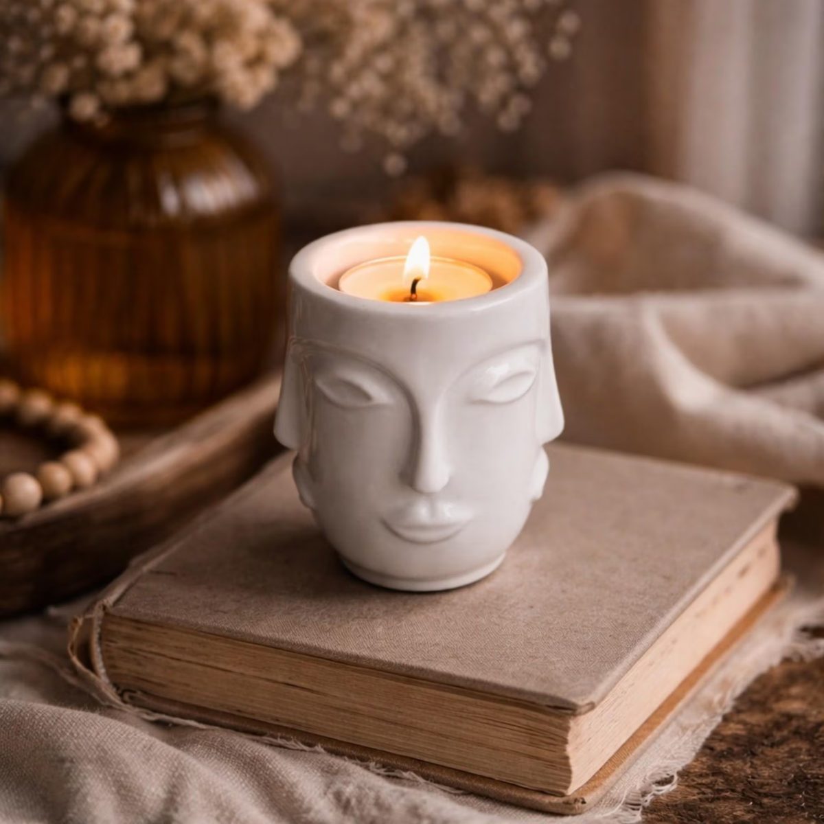 Minimalist Ceramic Face Candle Holder, Abstract Human Head Planter, Boho Home Decor, Aesthetic Table Centerpiece, Housewarming Gift for Her