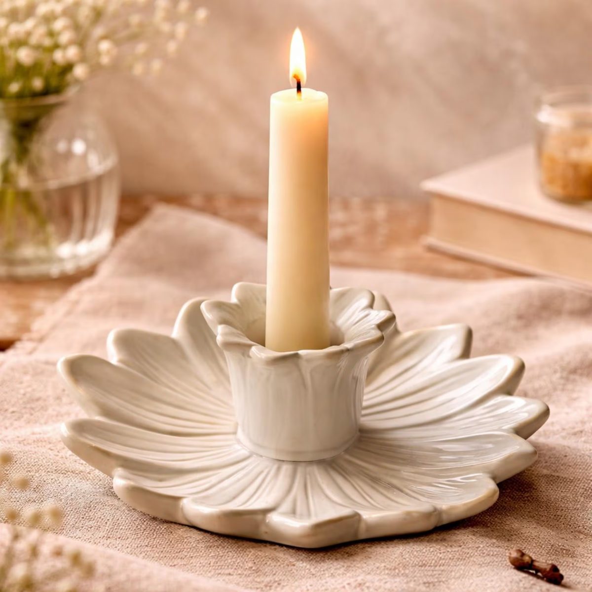 Ceramic Flower Taper Candle Holder, Botanical Table Centerpiece, Rustic Boho Taper Candlestick, Wedding Decor Gift for Her