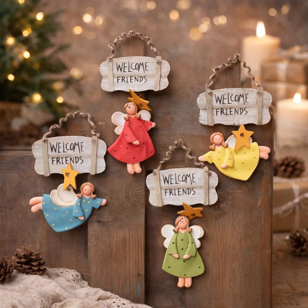 Fairy Hanging Ornament - Welcome Friends Sign Wall Decor - Figurine for Garden Patio - Housewarming Gift- Country Cottage Style Door Hanger