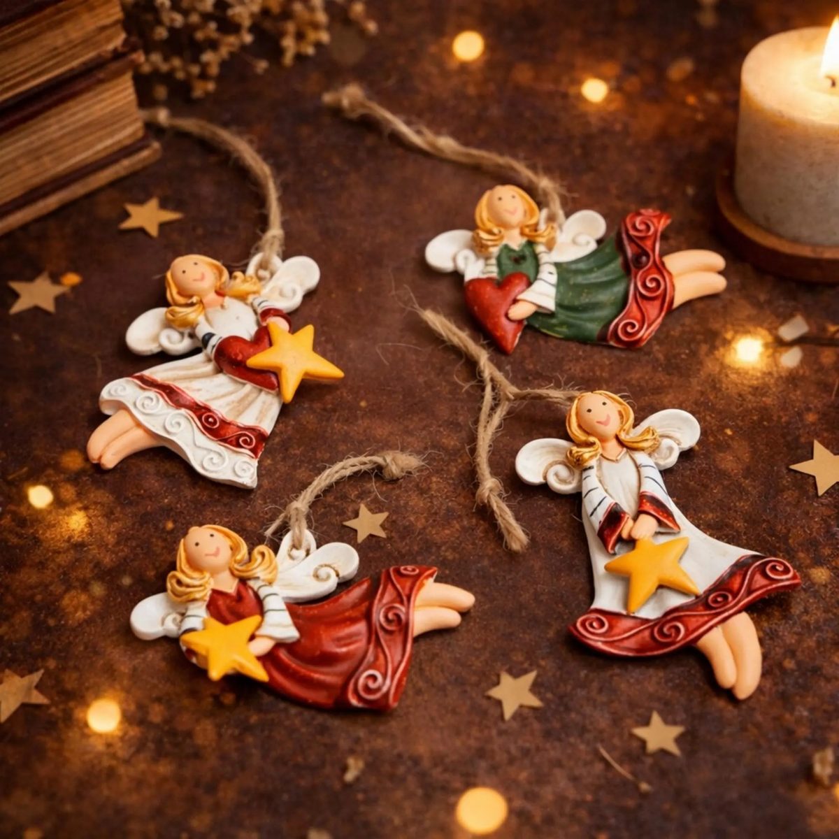 Flying Fairy Angel Ornaments - Set of 4 Resin Angel With Heart & Star - Nursery Wall Decor - Whimsical Guardian Angel Figurine