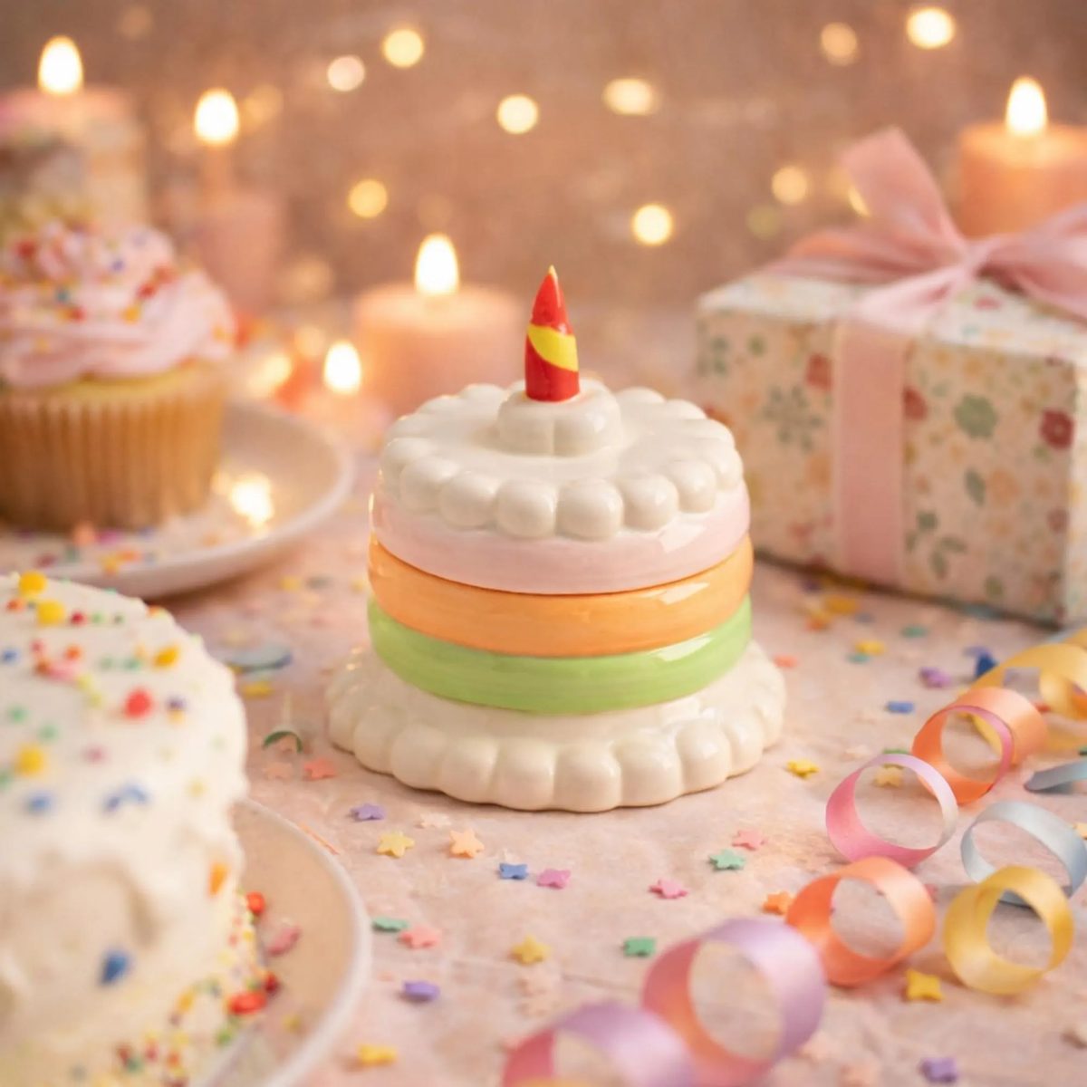 Ceramic Birthday Cake Trinket Box - Pastel Rainbow Layer Cake Jewelry Organizer - Birthday Gift - Kawaii Cake Keepsake Box With Candle