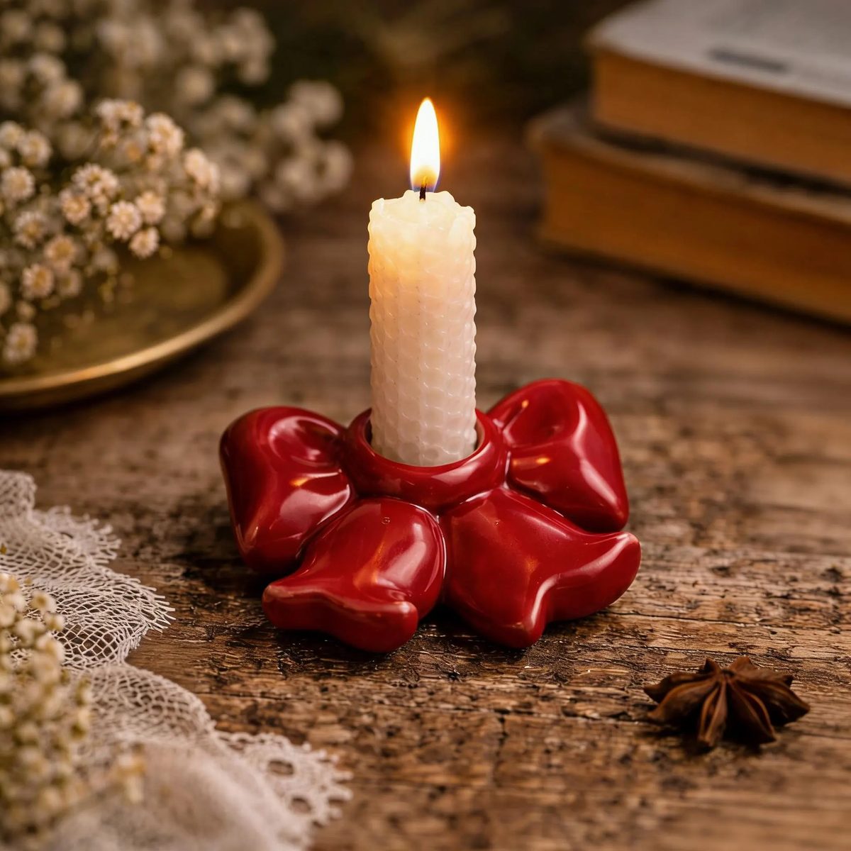 Ceramic Red Bow Candle Holder, Coquette Aesthetic Taper Candle Stand, Small Ribbon Porcelain Candlestick, Romantic Wedding Table Decor