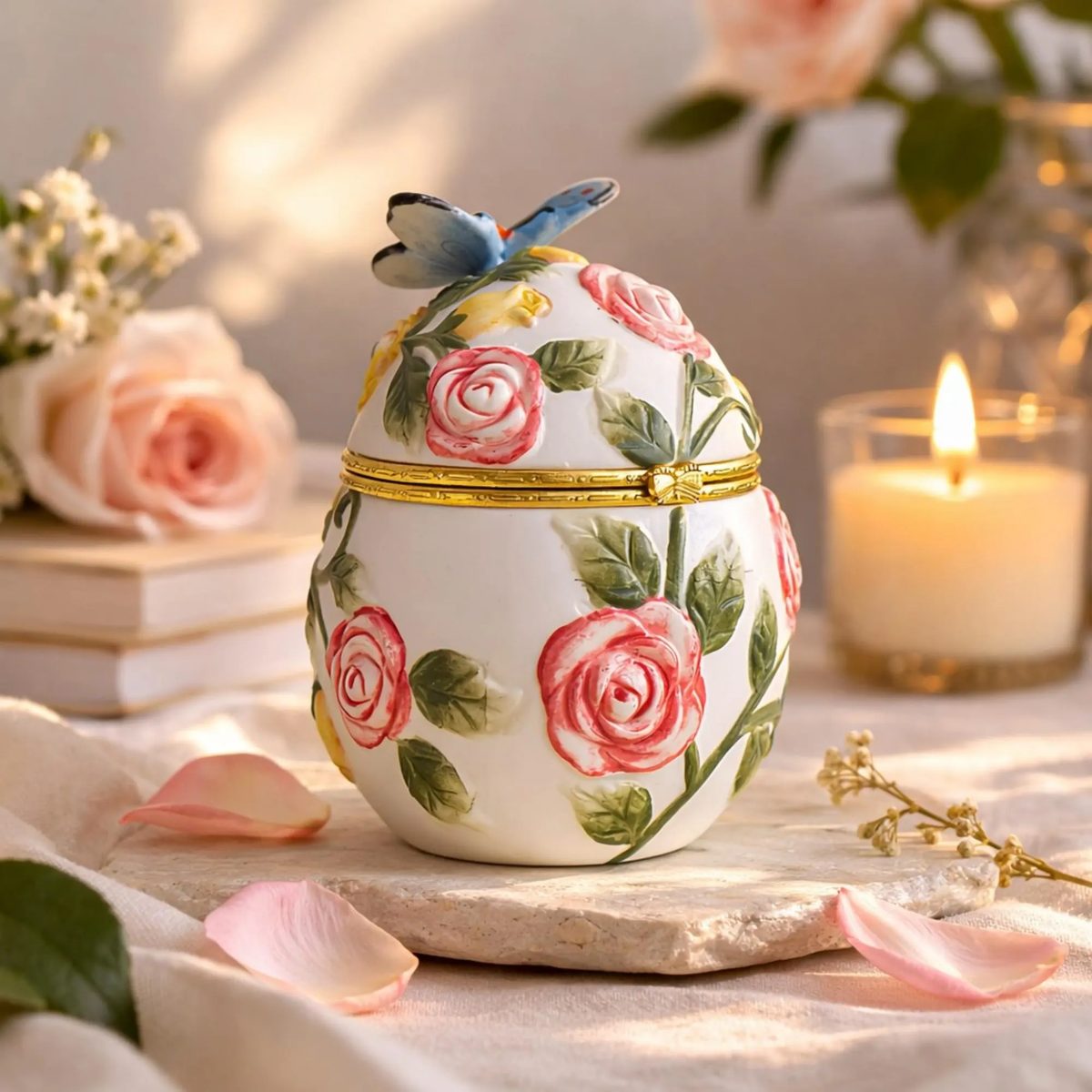 Vintage Rose Ceramic Jewelry Box, Butterfly Egg Shaped Trinket Box, Hand-painted Floral Keepsake Box, Birthday Gift for Mother