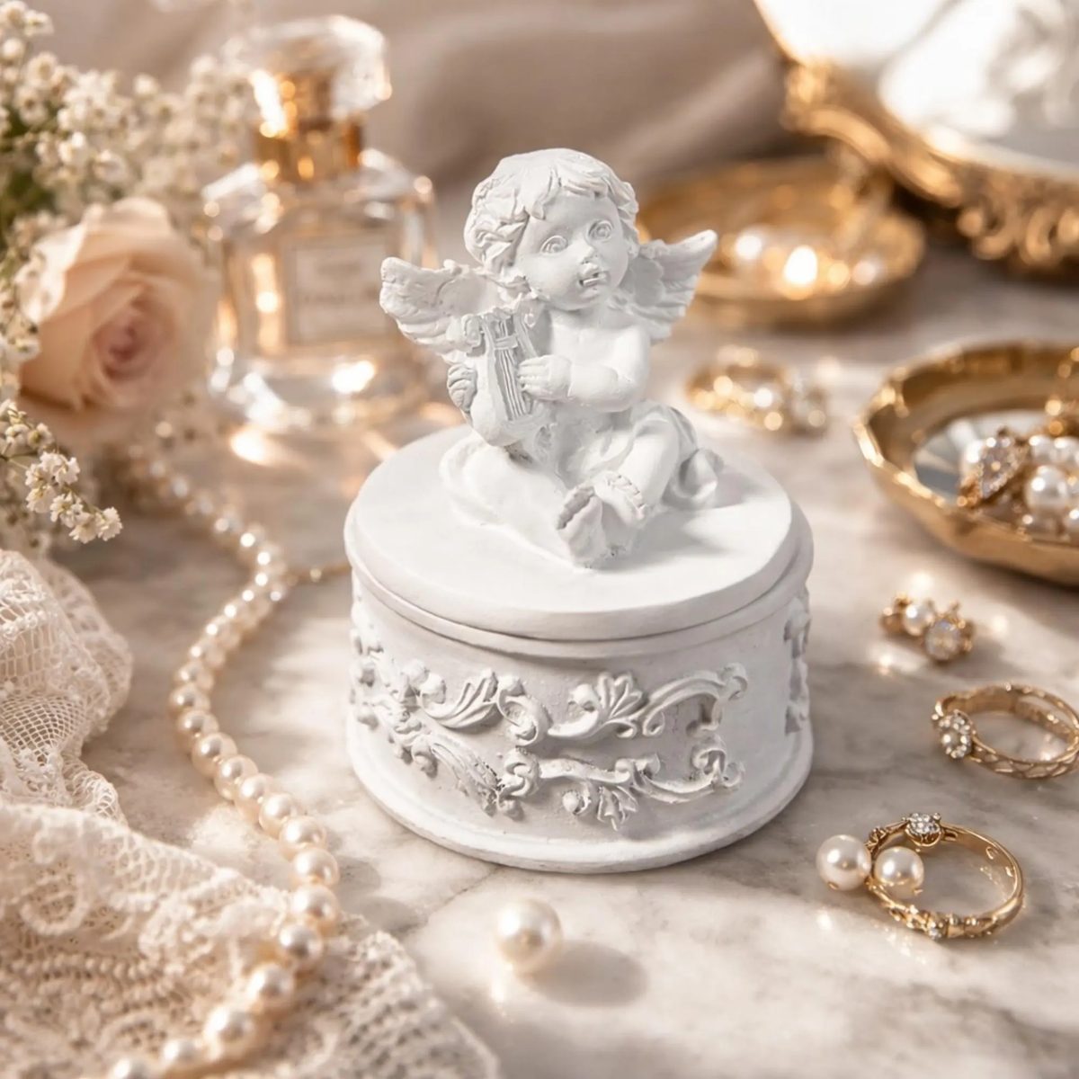 White Angel Harp Jewelry Box, Winged Cherub Trinket Box, Embossed Circular Keepsake Box, Gift for Her, Small Memorial Jewelry Case