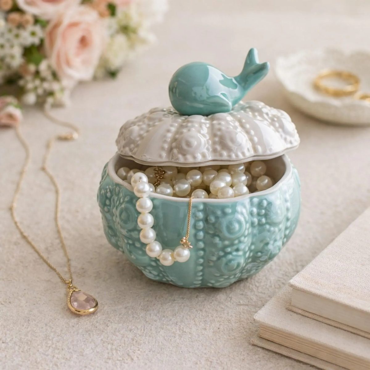 Ceramic Whale Sea Urchin Jewelry Box, Ocean Themed Trinket Holder, Nautical Keepsake Box for Rings, Blue Porcelain Box,bridesmaid Gift