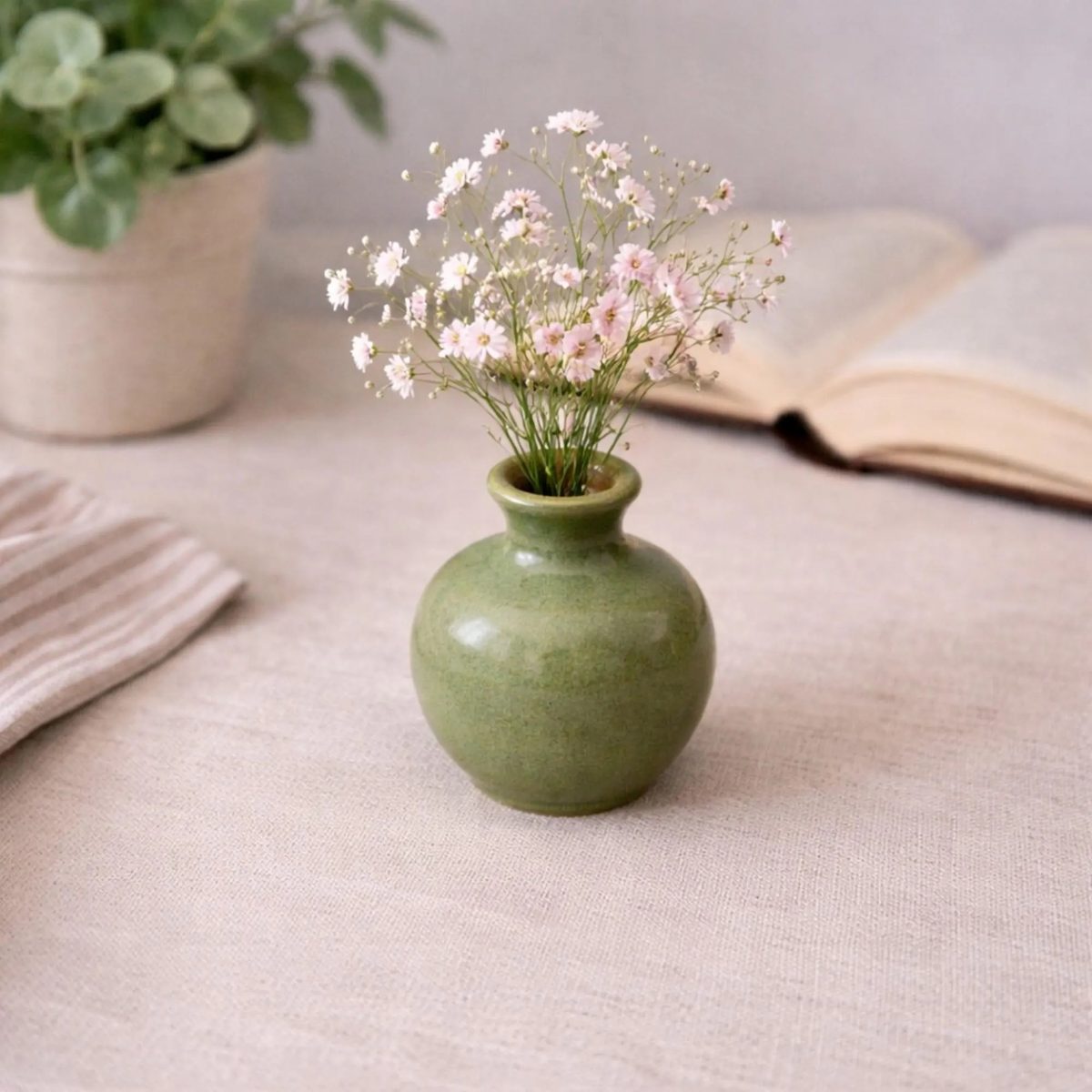 Mini Green Ceramic Bud Vase, Handmade Pottery Mini Flower Vase, Boho Home Decor, Unique Gift for Tea Lover, Rustic Table Decor