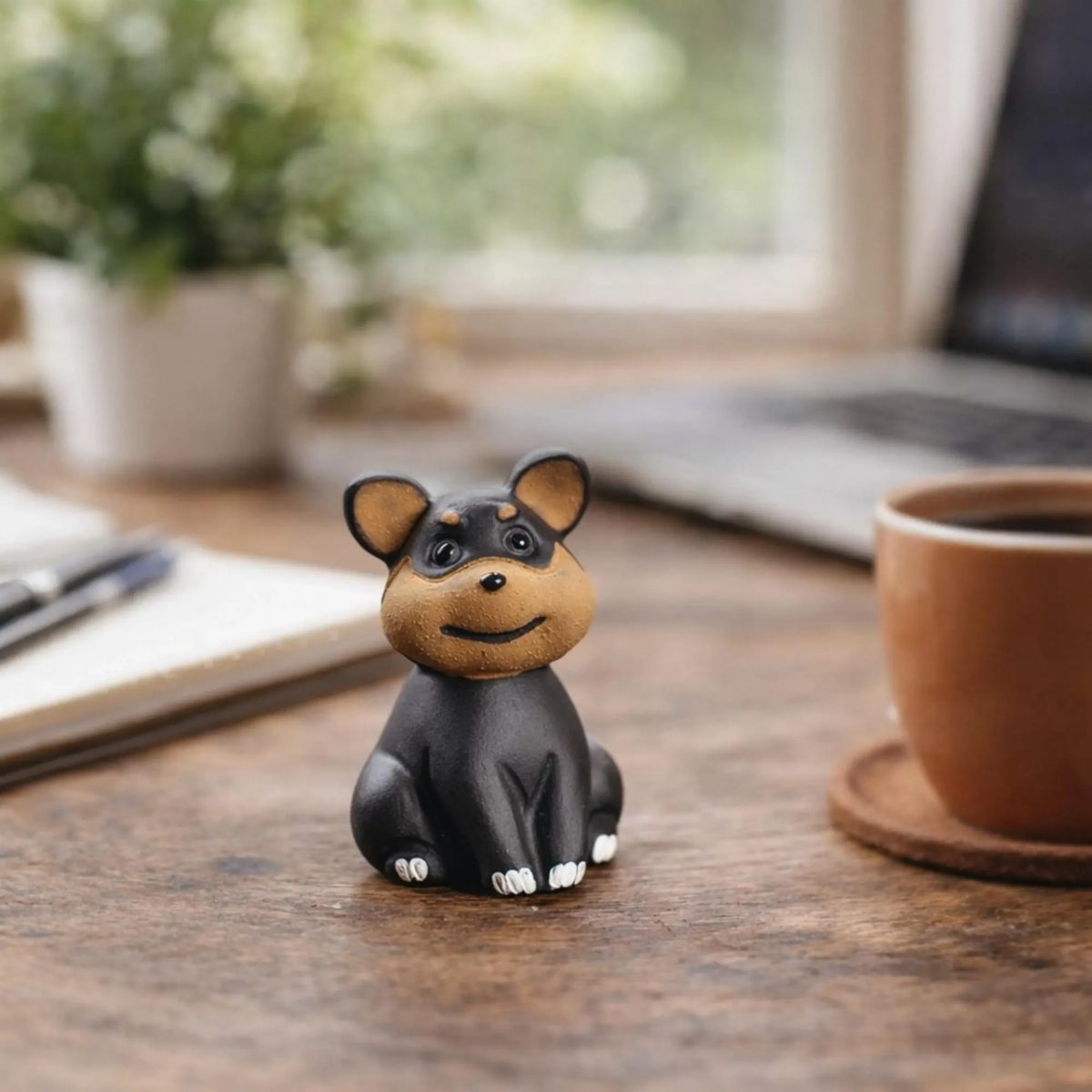 Tiny Handmade Zisha Miniature Pinscher Figurine - Cute Doberman Tea Pet - Minimalist Dog Lover Gift - Small Black and Tan Puppy Ornament