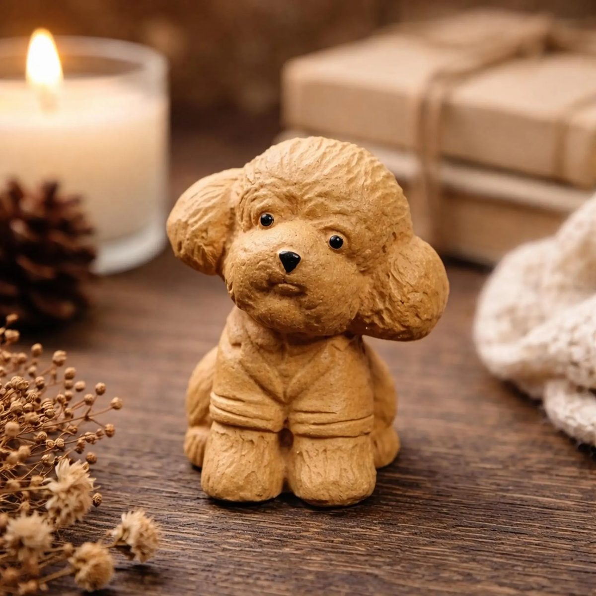 Handmade Miniature Poodle Figurine , Tiny Brown Teddy Dog Clay Statue, Dog Lover Gift, Office Desk Accessory, Small Animal Sculpture Decor