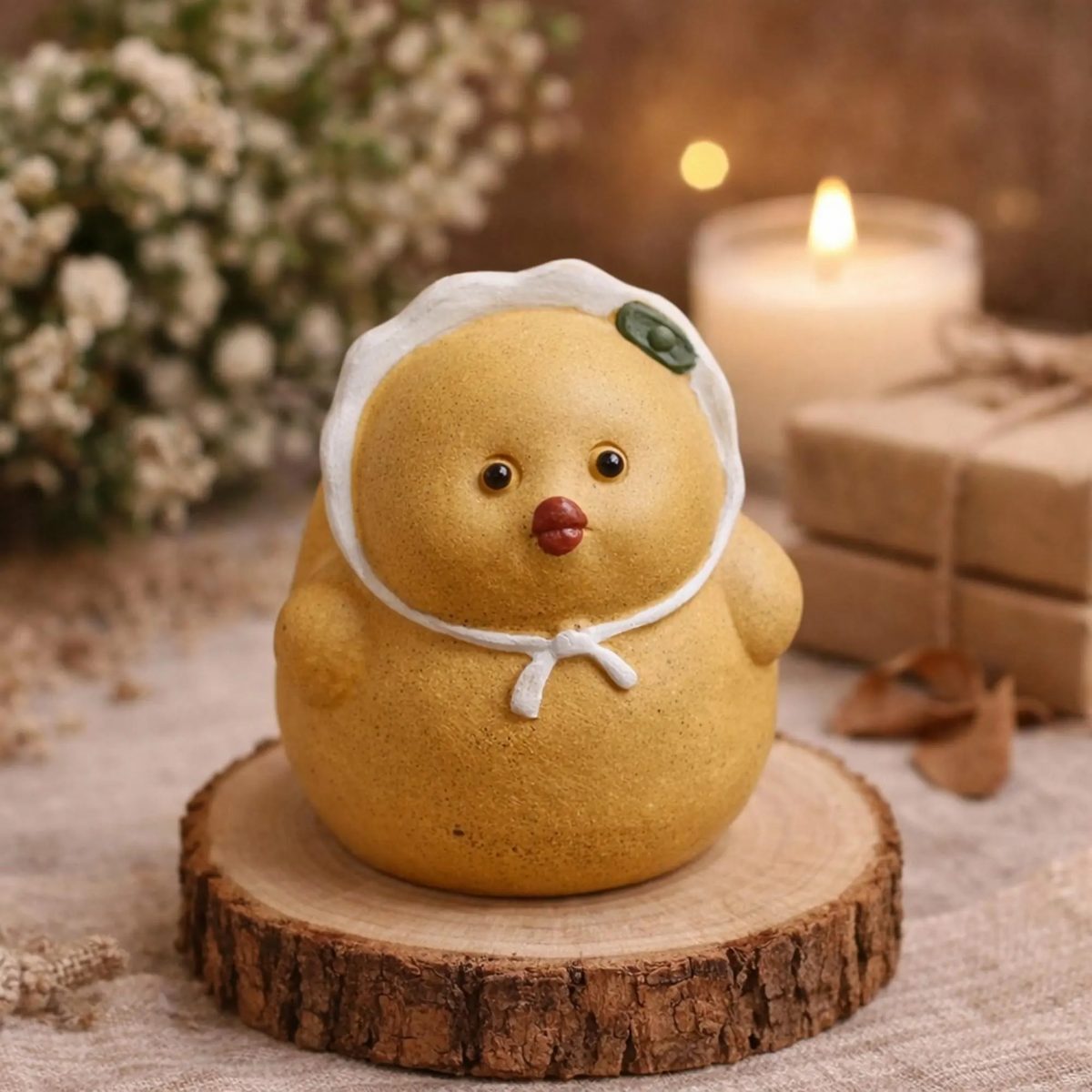 Cute Handmade Chick Figurine, Wearing a Hat, Mini Yellow Chick Clay Statue, Purple Clay Tea Pet, Small Animal Sculpture, Children's Day Gift