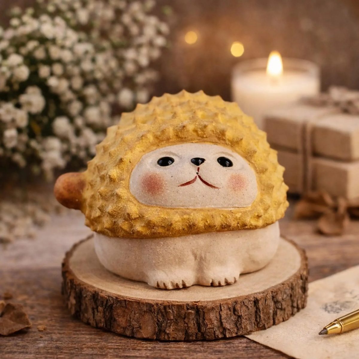 Handmade Zisha Durian Cat & Hedgehog Figurine, Cute Fruit Animal Clay Statue, Kawaii Desk Decor, Unique Cat Lover Gift, Hedgehog Miniature