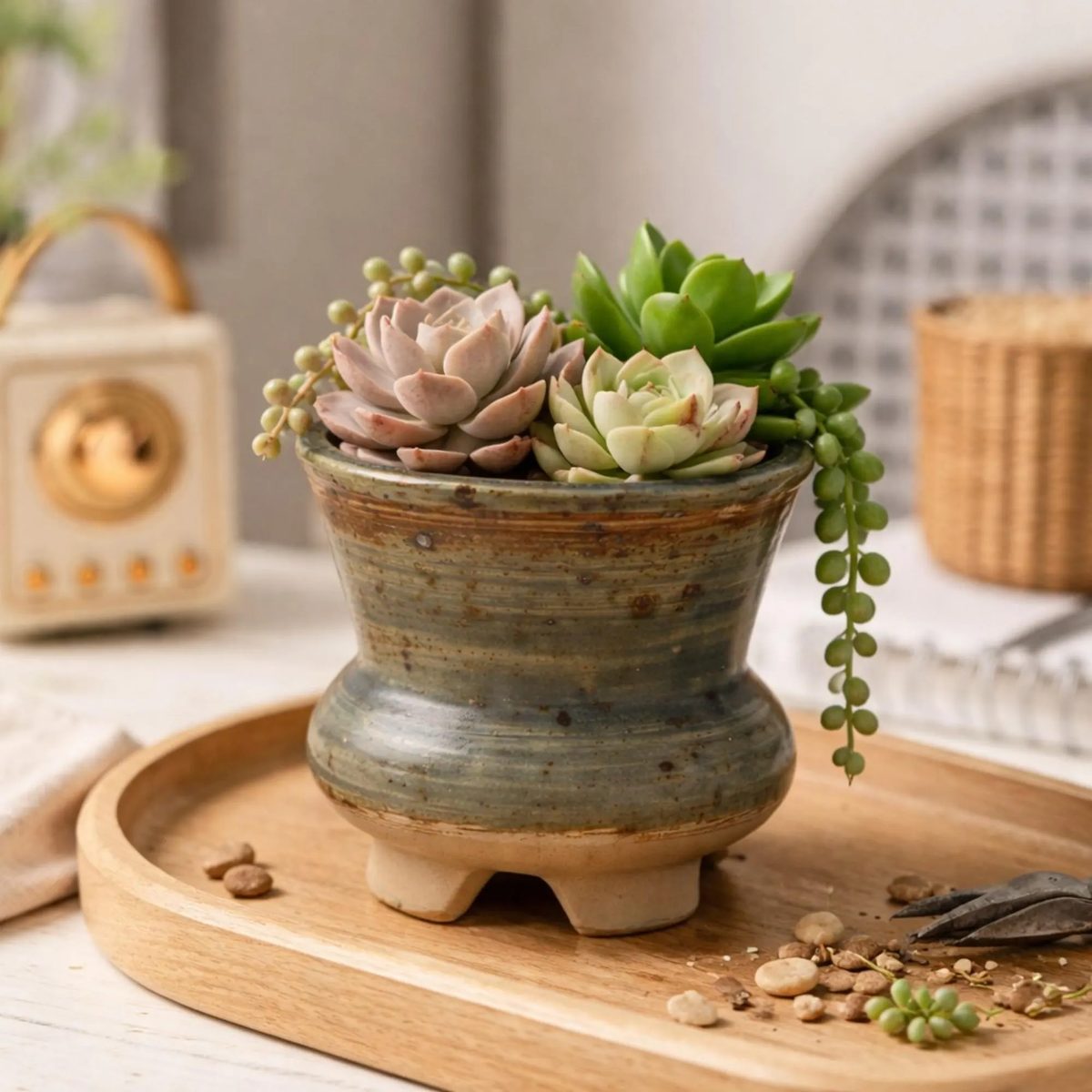 Handmade Ceramic Succulent Planter, Rustic Blue Glazed Bonsai Pot, Small Wabi-sabi Stoneware Flower Pot, Gardening Gift for Plant Lovers