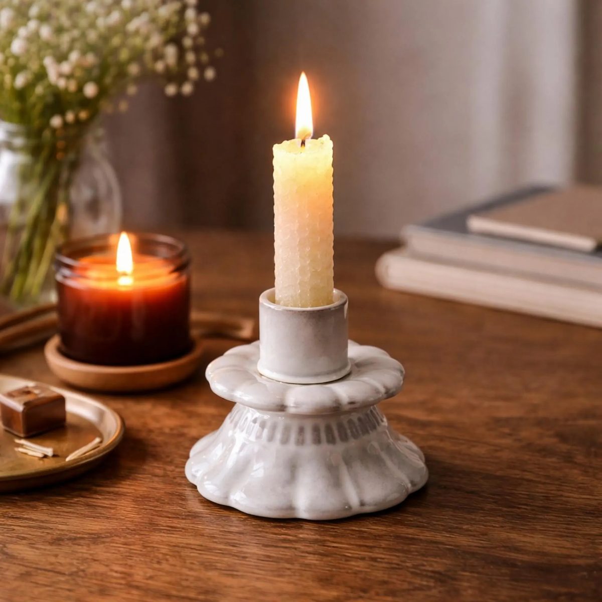 Ceramic Candle Holder, Victorian Aesthetic Home Decor, Small Taper Candle Base, Elegant Table Centerpiece for Wedding or Dinner