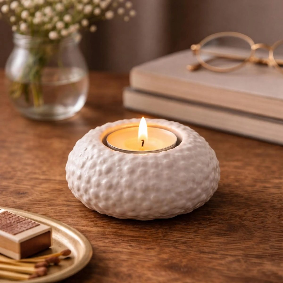 Ceramic Sea Urchin Tealight Holder, White Textured Candle Cup, Nautical Home Decor, Wabi Sabi Table Centerpiece, Ceramic Handmade Holder