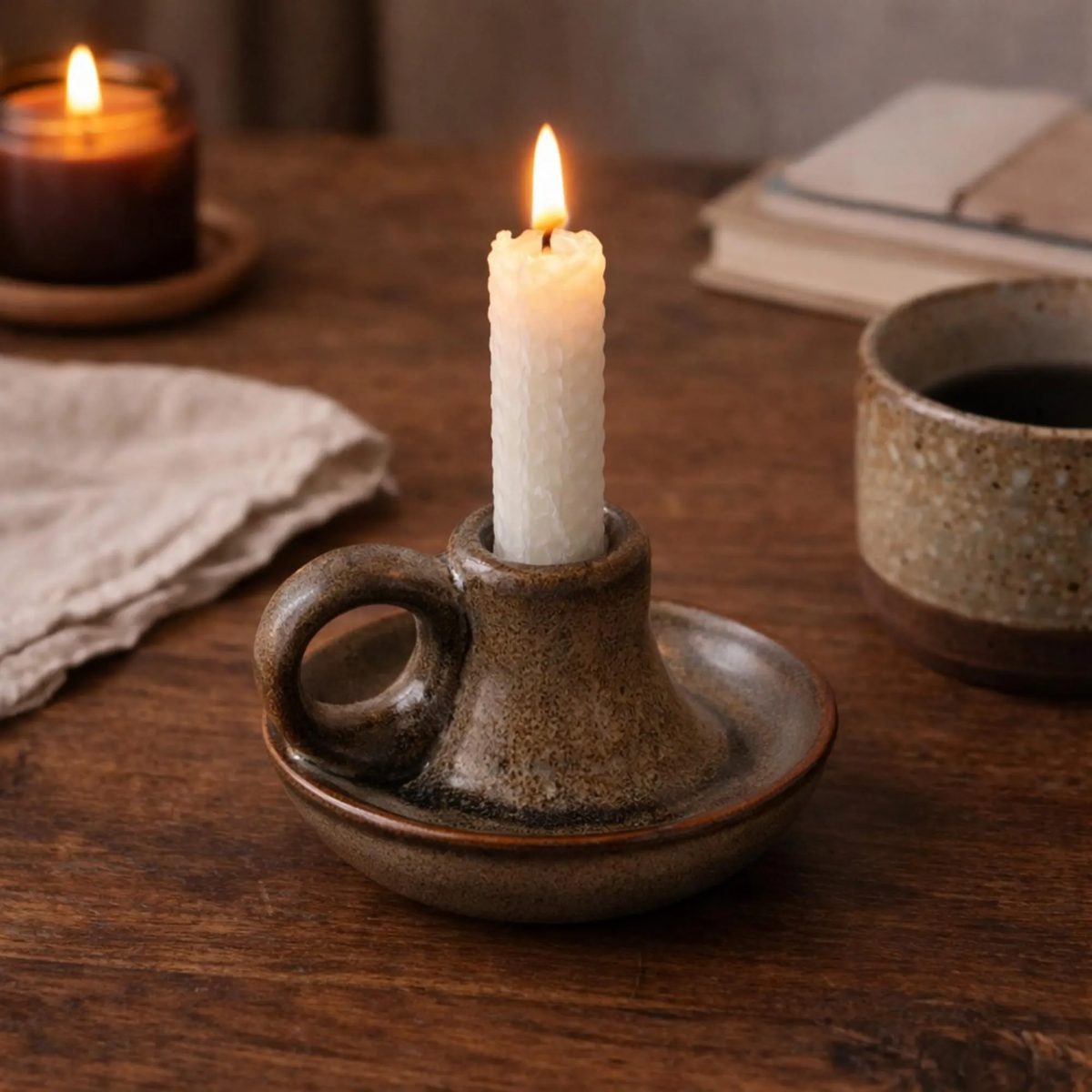 Rustic Ceramic Chamberstick Candle Holder, Vintage Brown Speckled Taper Holder With Handle, Handmade Pottery Candlestick