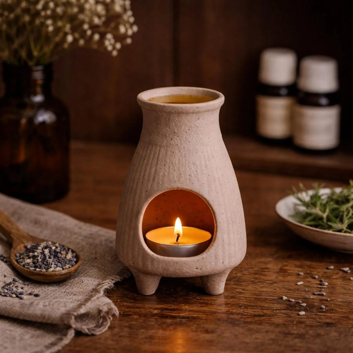 Ceramic Essential Oil Burner, Tripod Stoneware Aromatherapy Lamp, Wabi Sabi Wax Melt Warmer, Meditation Gift, Handmade Incense Burner