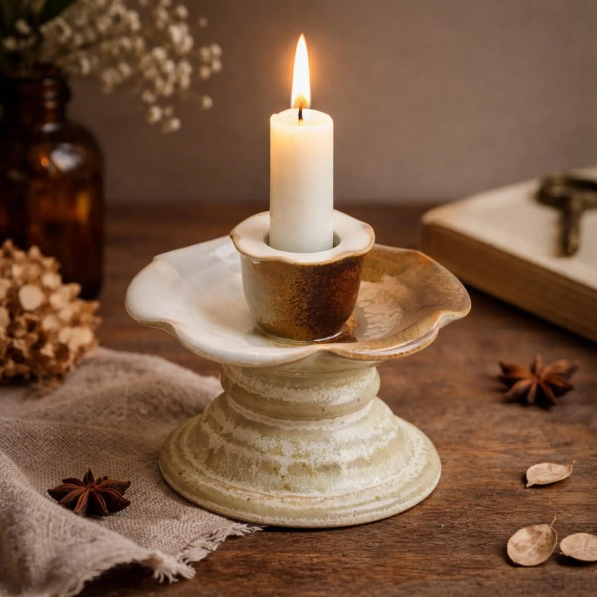 Ceramic Pedestal Taper Candle Holder, Petal Edged Candlestick Stand, Handmade Floral Pillar Base, Earthy Gradient Pottery