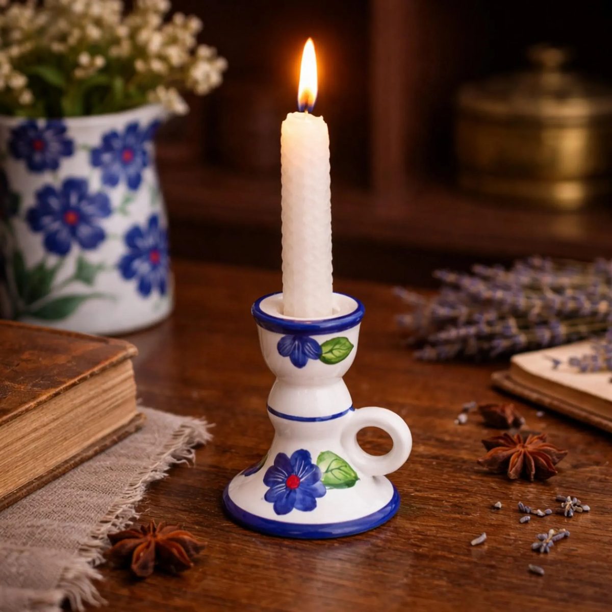 Hand-painted Ceramic Taper Candle Holder, Blue Floral Chamberstick, Small Porcelain Votive Stand, Retro Tea Table Ornament