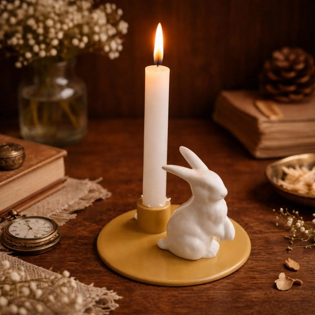 Ceramic Bunny Taper Candle Holder, Whimsical White Rabbit Figurine, Cottagecore Easter Decor, Unique Woodland Nursery Gift, Animal Ornament