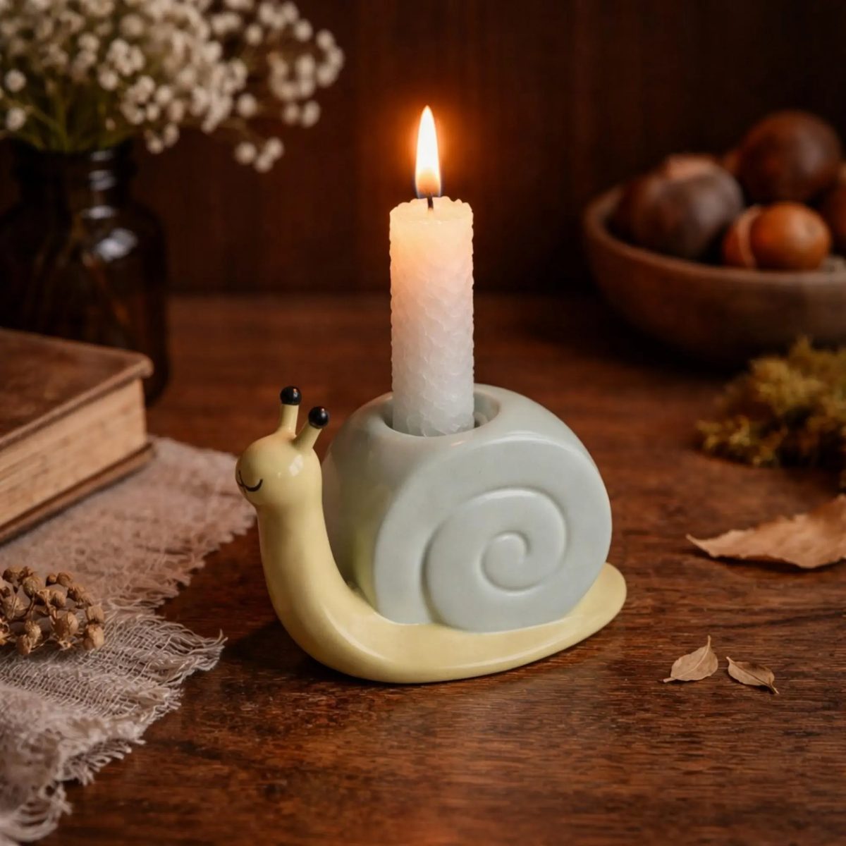Whimsical Snail Ceramic Taper Holder, Cute Animal Candlestick Stand, Pastel Nursery Decor, Snail Lover Gift, Unique Handmade Pottery