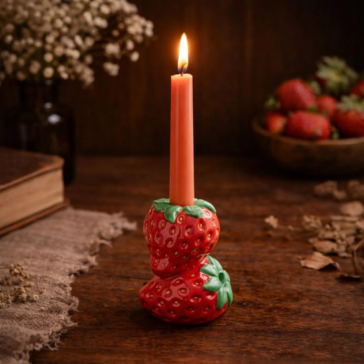 Ceramic Strawberry Taper Candle Holder, Cute Fruit Double Strawberry Candlestick, Unique Gift for Foodie or Hostess, Red Berry Ornament