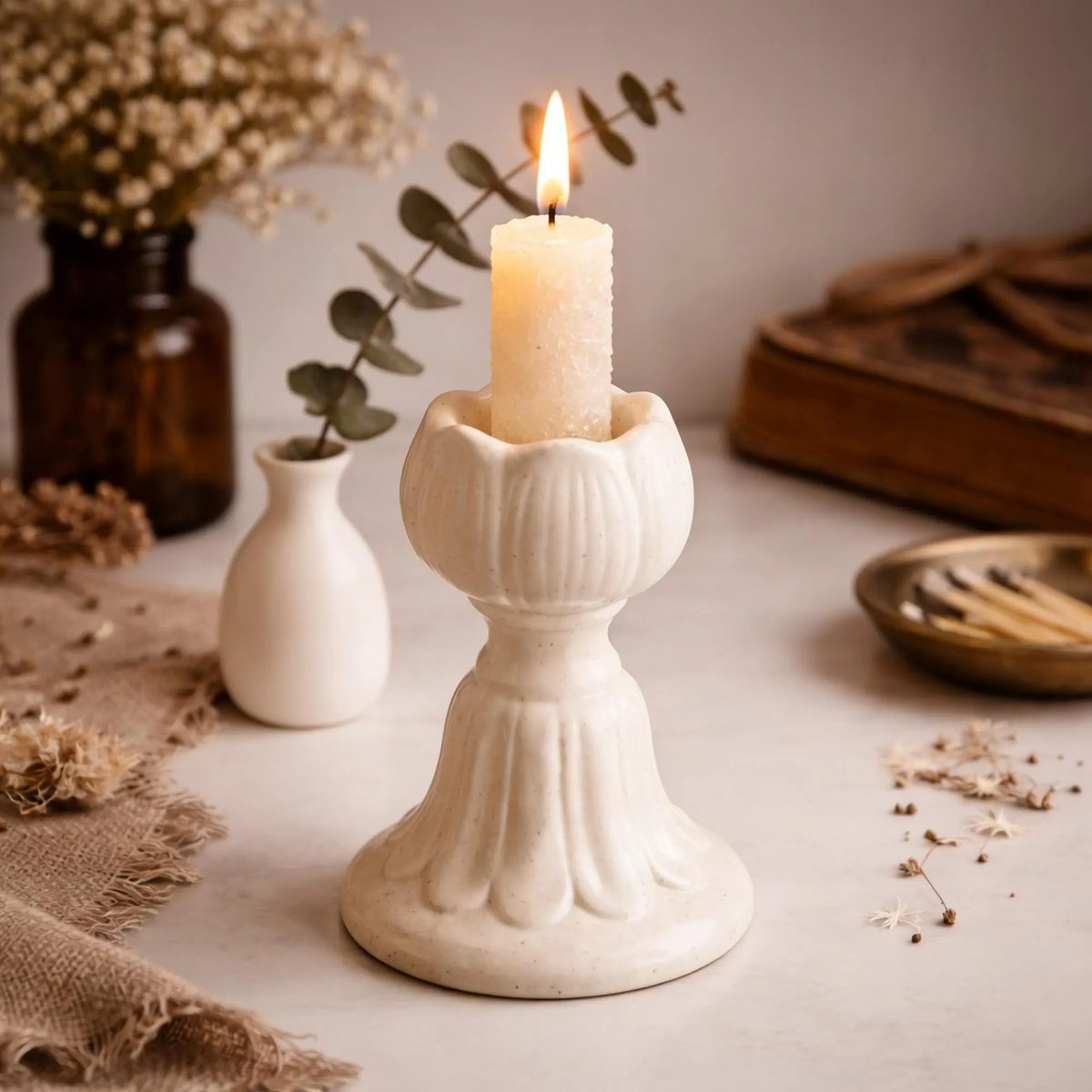 Vintage Tulip Ceramic Candle Holder, Handcrafted Speckled Candlestick for Taper or Small Pillar Candles, Unique Ribbed Ceramic Ornament