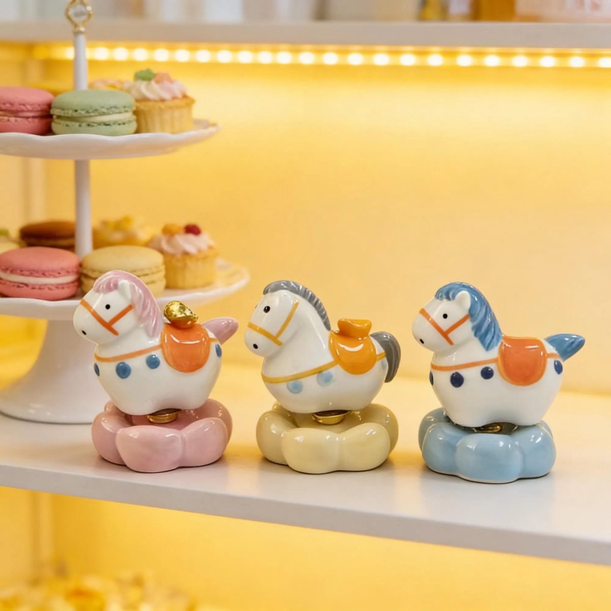 Miniature Spinning Ceramic Horse Figurine - Kawaii Carousel Pony Ornament - Pastel Desk Decor for Nursery, Rotating Cake Topper
