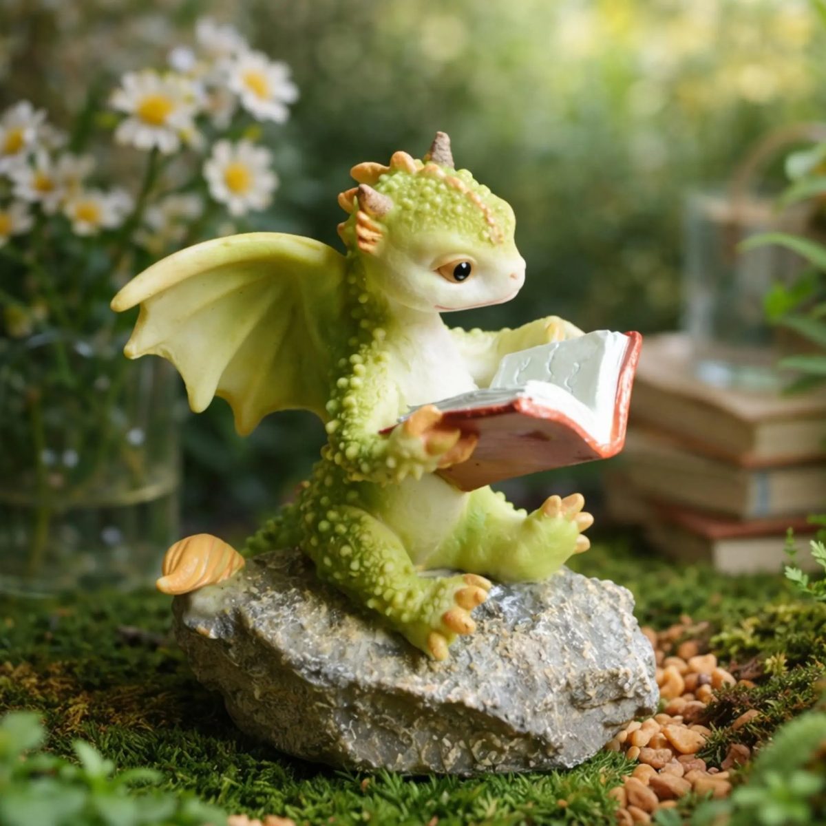 Reading Dragon Figurine, Miniature Baby Dragon on Rock Statue, Cute Dragon Book Lover Gift, Dragon Collector Gift, Shelf Sitter Ornament