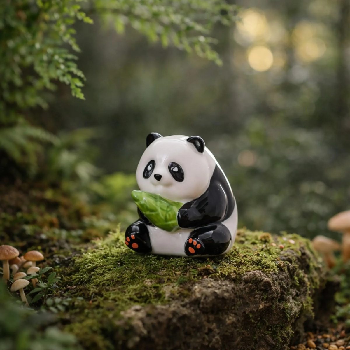 Ceramic Panda Figurine, Cute Panda Holding Bamboo Statue, Miniature Animal Desktop Decor, Panda Lover Gift, Collectible Porcelain Panda