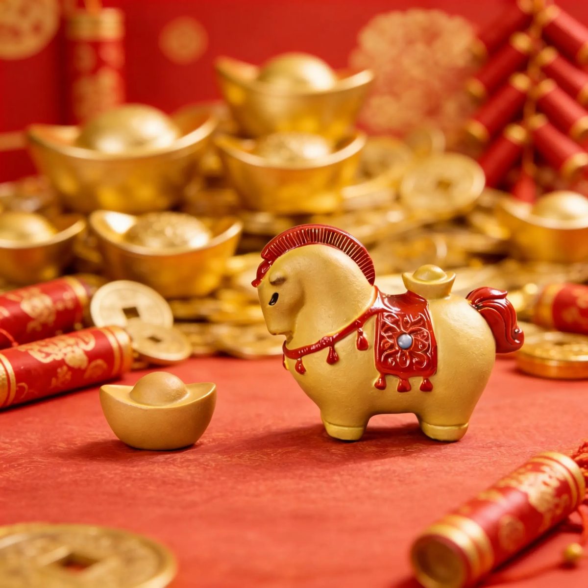 A Golden-colored Zisha Clay Horse Figurine Sitting Among Gold Ingots and Red Firecrackers. for Wealth, Success, and Home Office Desk Decor