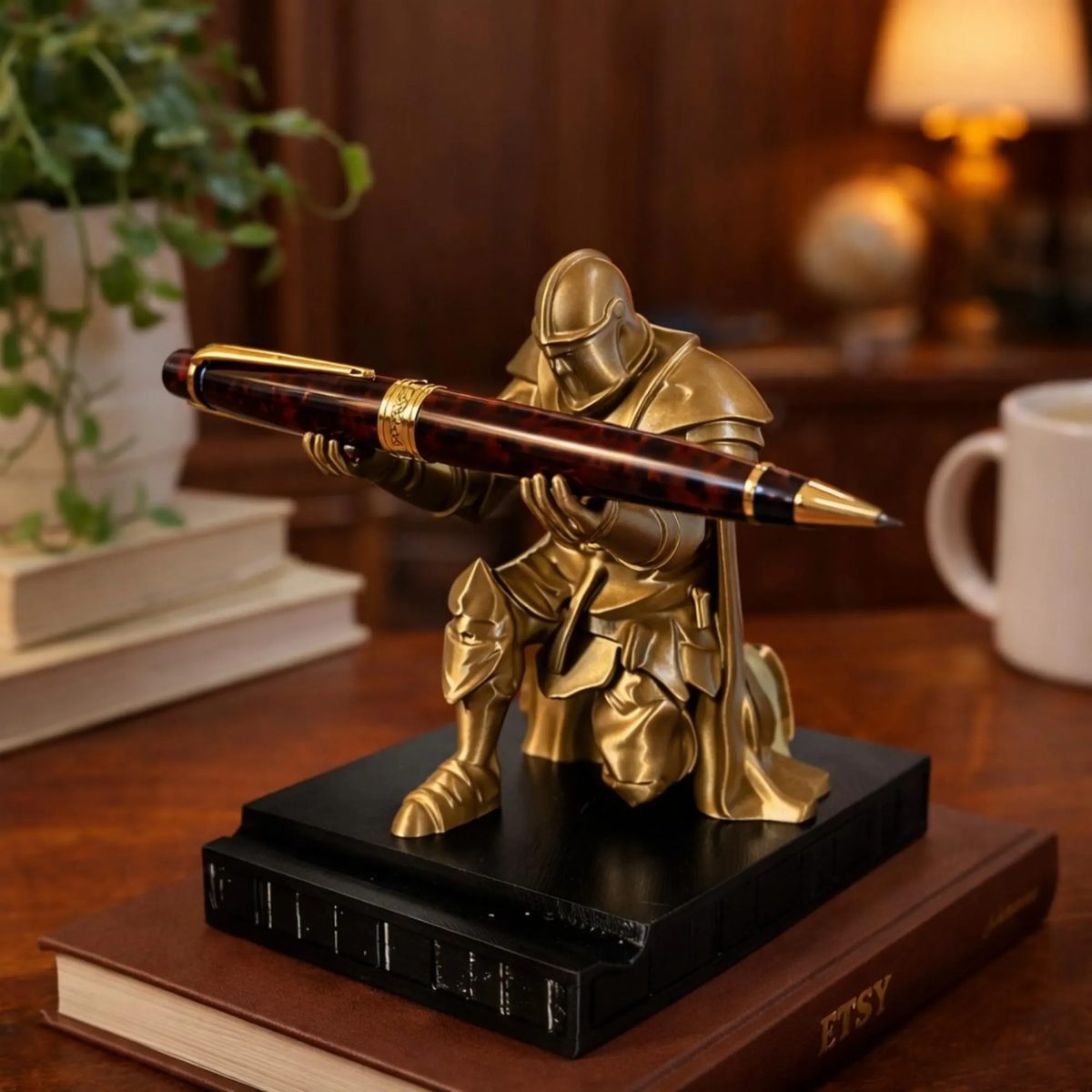 Executive Knight Pen Holder,figurine for Desk, Medieval Office Decor, Gift for Boss, Armor Warrior Stationery Organizer,fountain Pen Stand