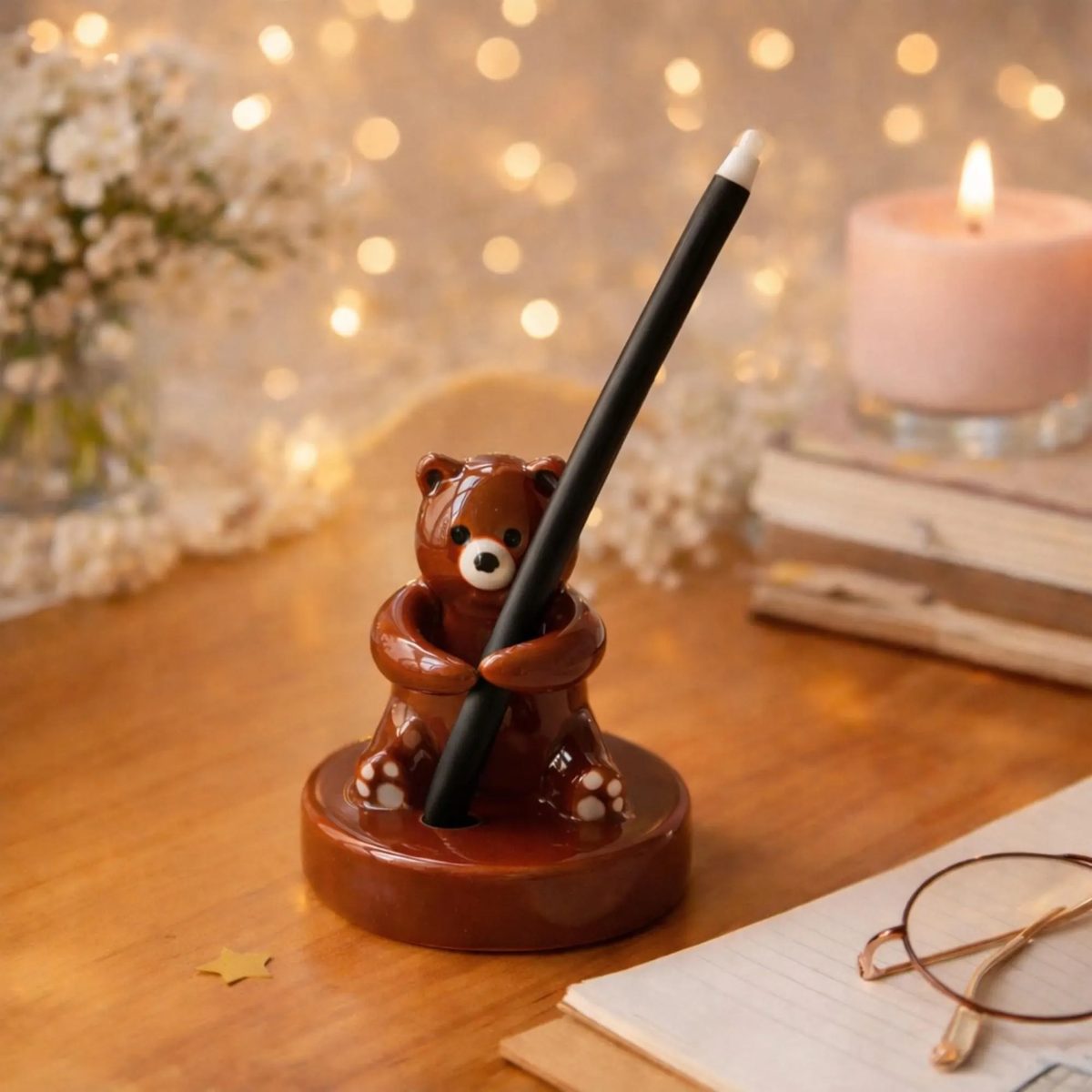 Handmade Ceramic Bear Pen Holder, Cute Desk Accessory, Pottery Animal Pencil Stand Small Bear Figurine, Graduation Gift, Unique Gift