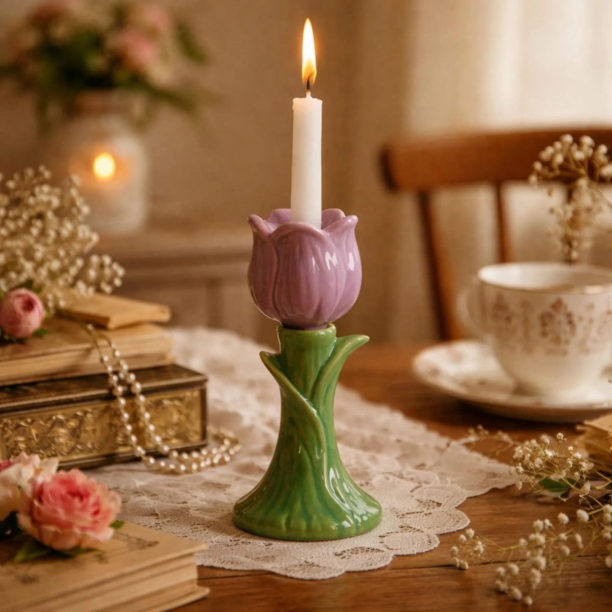 Handmade Ceramic Tulip Candle Holder - Purple Flower Taper Candlestick - Unique Floral Gift for Mom, Spring Table Centerpiece