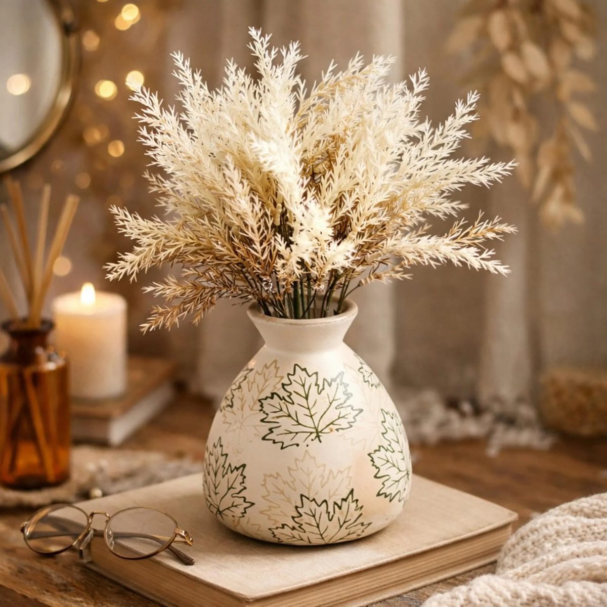 Rustic Maple Leaf Ceramic Vase - Cream Botanical Bud Vase - Modern Farmhouse Table Decor - Small Wide Vase