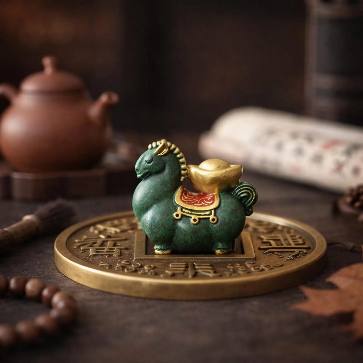 Antique Green Patina Fortune Horse Figurine - Success and Wealth Symbol - Feng Shui Decor With Golden Ingot - Unique Business & Office Gift