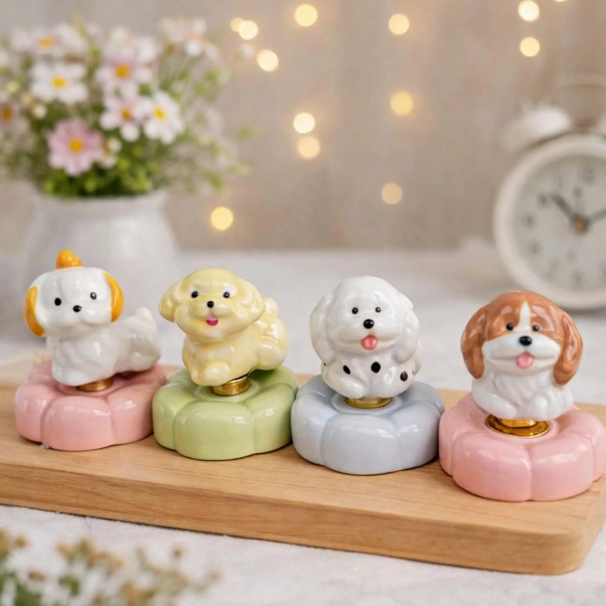 Kawaii Ceramic Spinning Dog Car Ornament, 360 Rotating Puppy Figurine, Cute Dog Car Dashboard Decor, Small Dog Statue, Aesthetic Room Decor